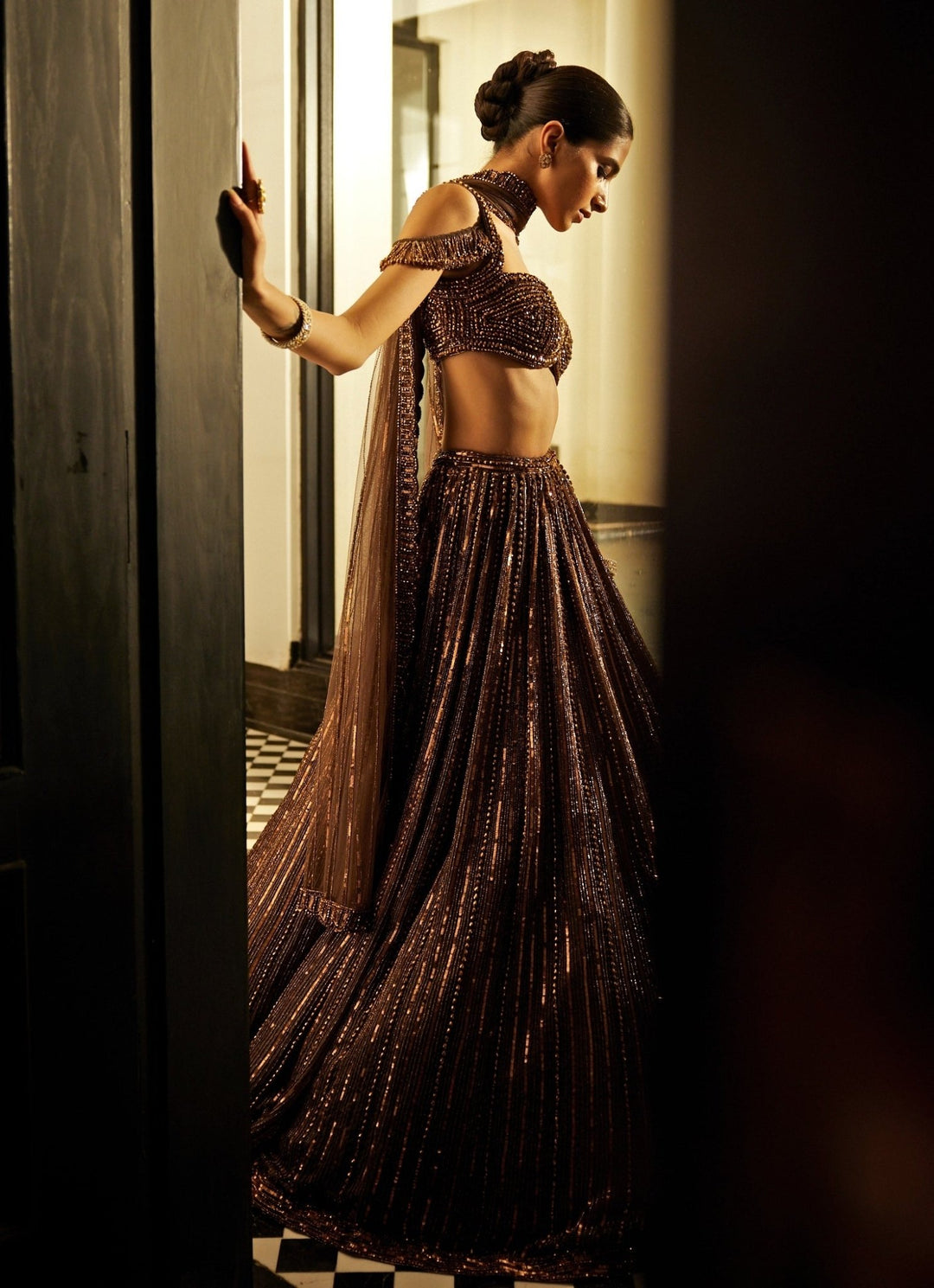 Copper Crystal Linear Embroidered Organza Lehenga Set Vvani By Vani Vats - Fabilicious Fashion