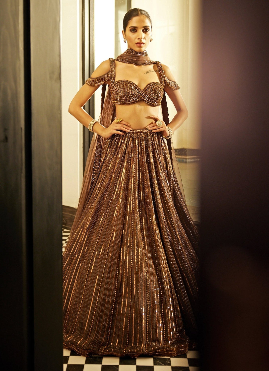 Copper Crystal Linear Embroidered Organza Lehenga Set Vvani By Vani Vats - Fabilicious Fashion
