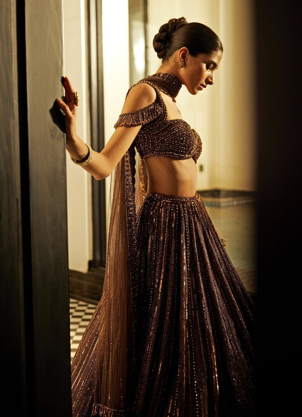Copper Crystal Linear Embroidered Organza Lehenga Set Vvani By Vani Vats - Fabilicious Fashion