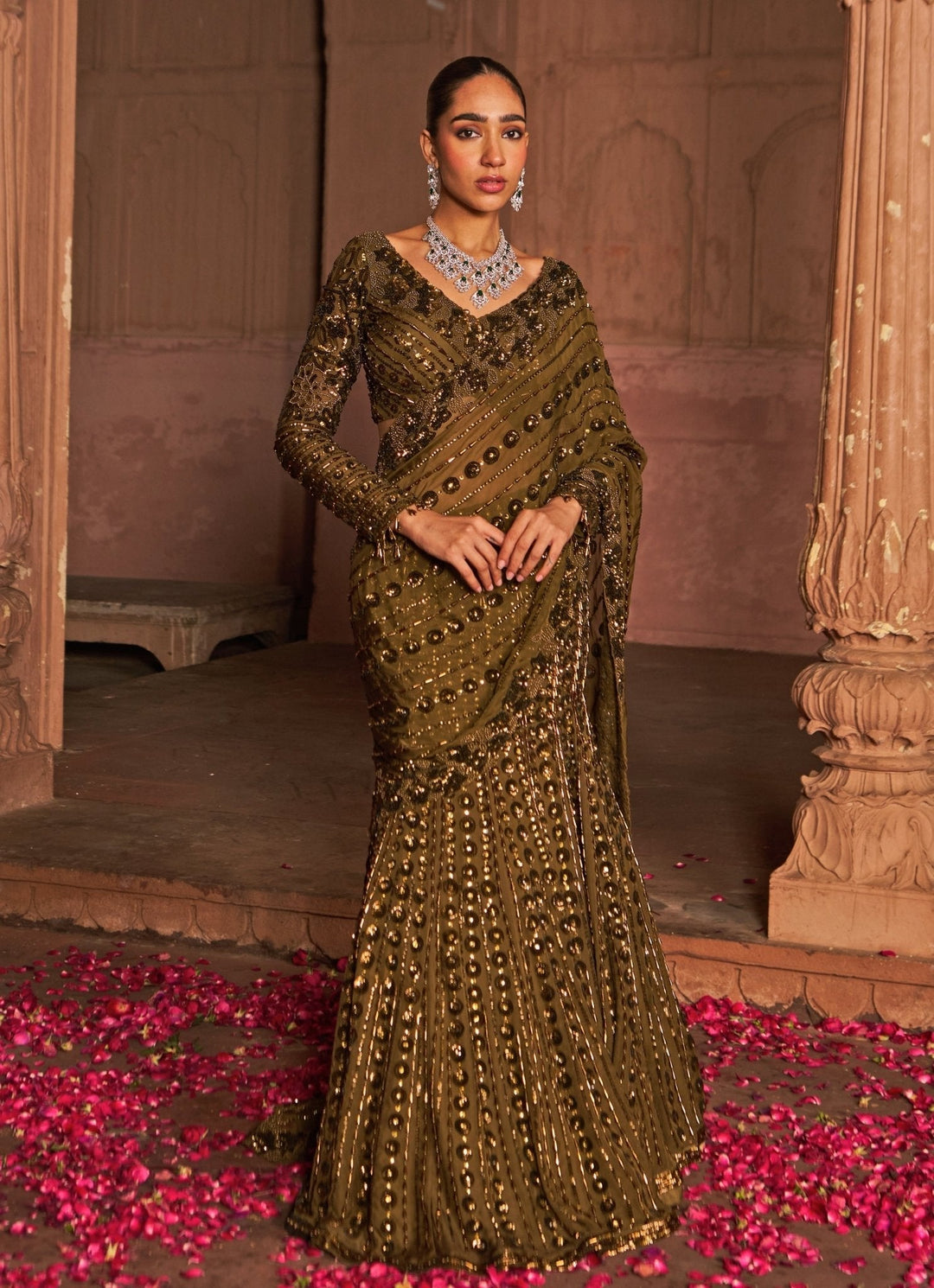 Copper Embroidered Draped Crepe Lehenga Saree Nidhika Shekhar - Fabilicious Fashion
