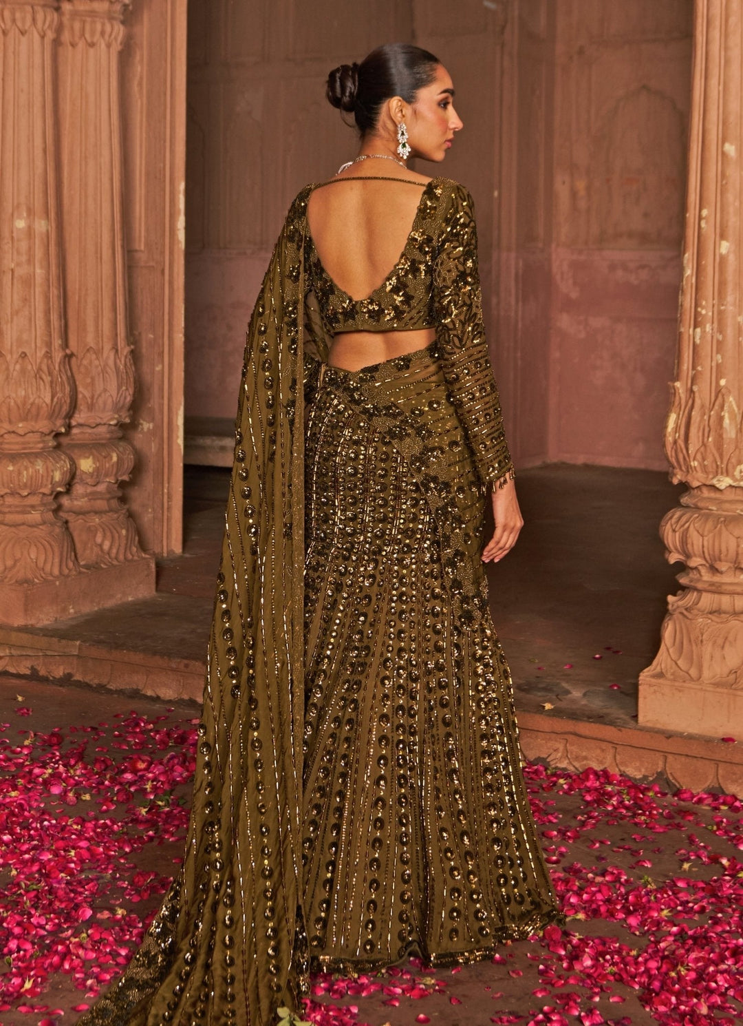 Copper Embroidered Draped Crepe Lehenga Saree Nidhika Shekhar - Fabilicious Fashion