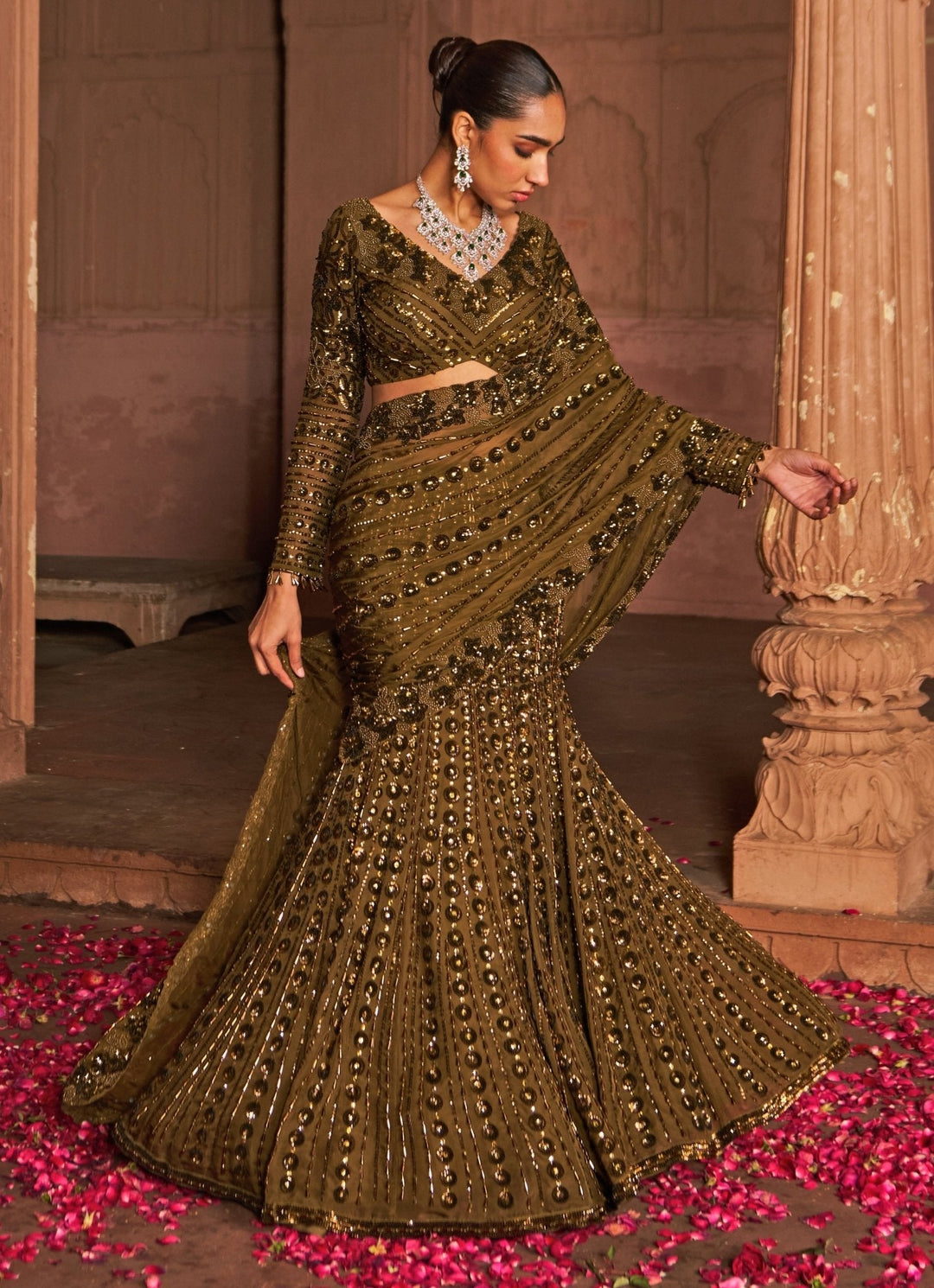 Copper Embroidered Draped Crepe Lehenga Saree Nidhika Shekhar - Fabilicious Fashion