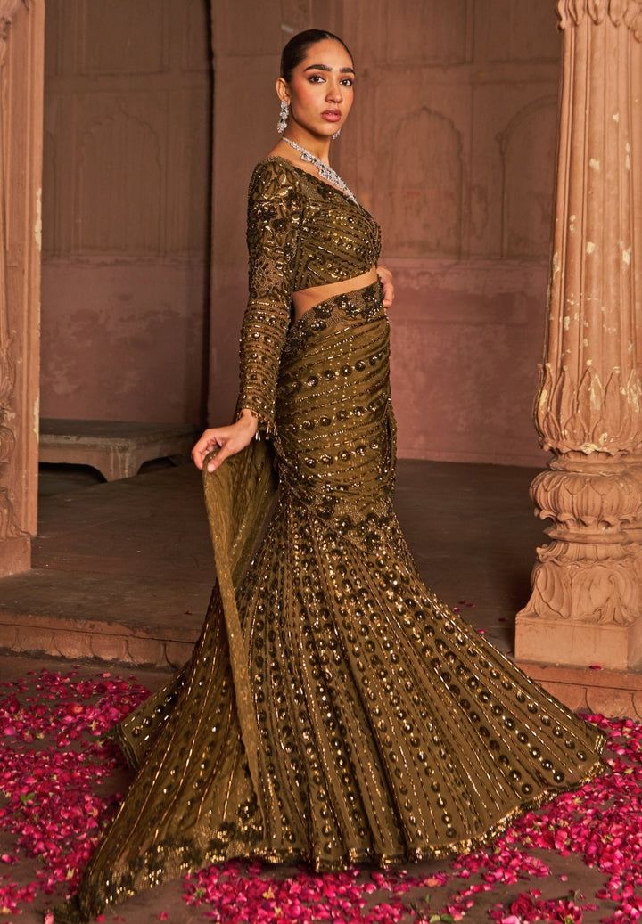 Copper Embroidered Draped Crepe Lehenga Saree Nidhika Shekhar - Fabilicious Fashion