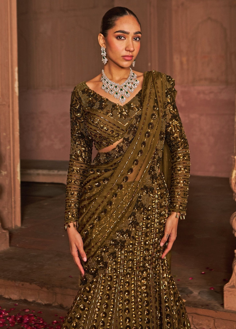 Copper Embroidered Draped Crepe Lehenga Saree Nidhika Shekhar - Fabilicious Fashion