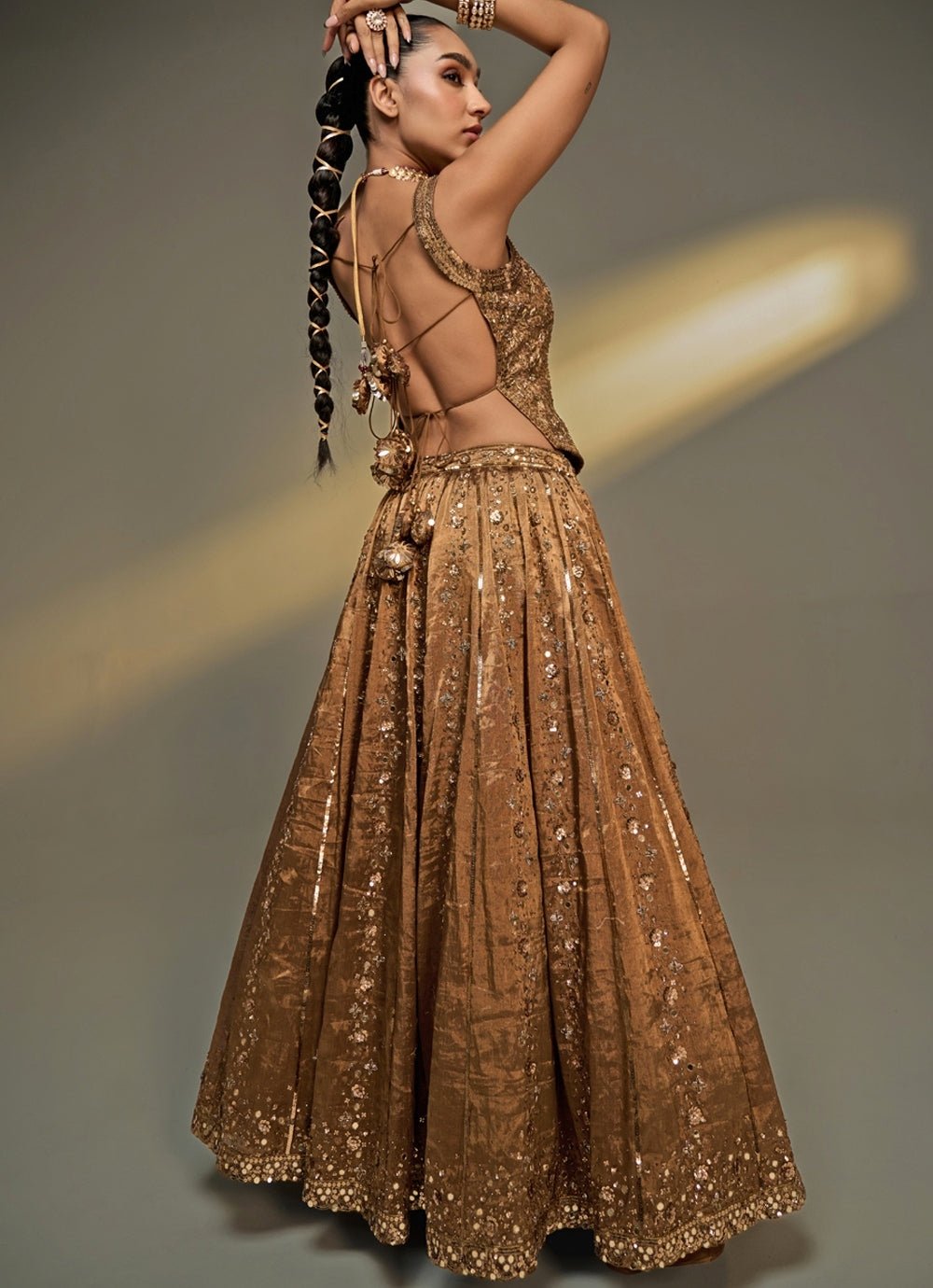Copper Gold Embroidered Corset Lehenga Set Prevasu - Fabilicious Fashion