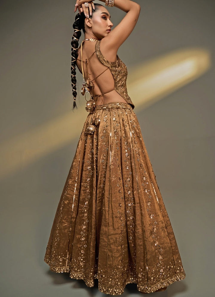 Copper Gold Embroidered Corset Lehenga Set Prevasu - Fabilicious Fashion