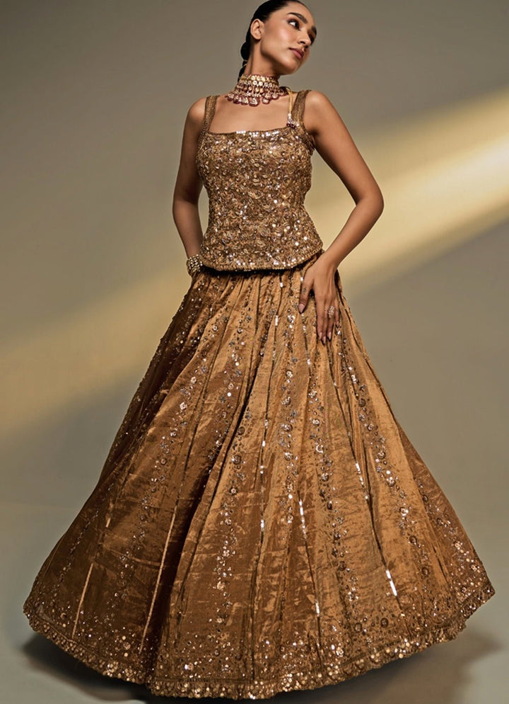 Copper Gold Embroidered Corset Lehenga Set Prevasu - Fabilicious Fashion