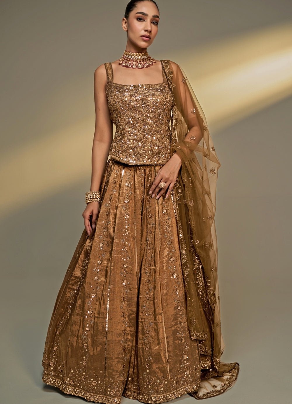 Copper Gold Embroidered Corset Lehenga Set Prevasu - Fabilicious Fashion