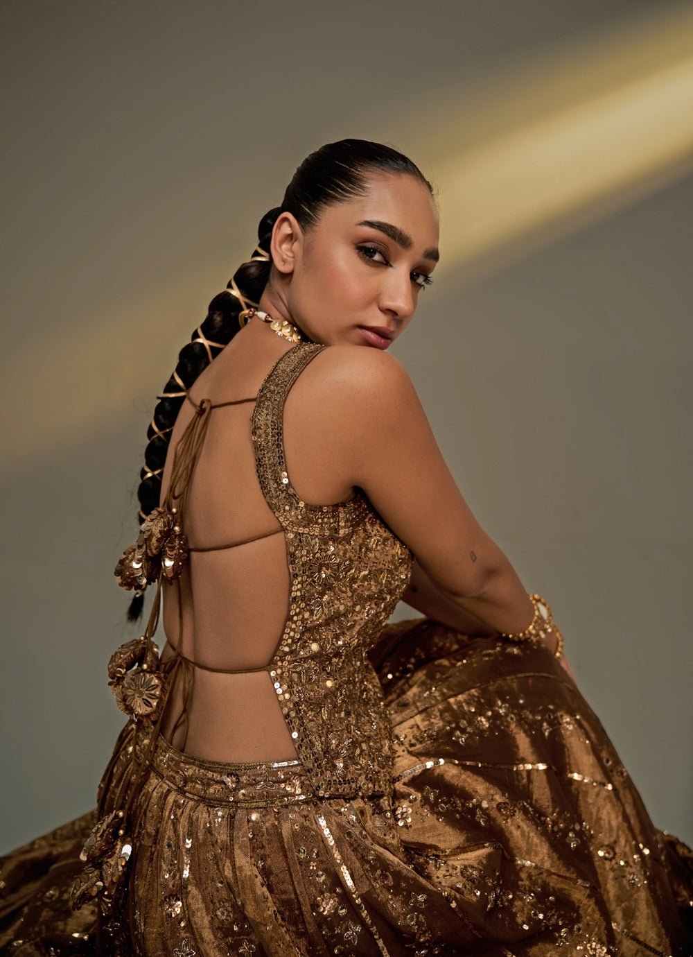 Copper Gold Embroidered Corset Lehenga Set Prevasu - Fabilicious Fashion
