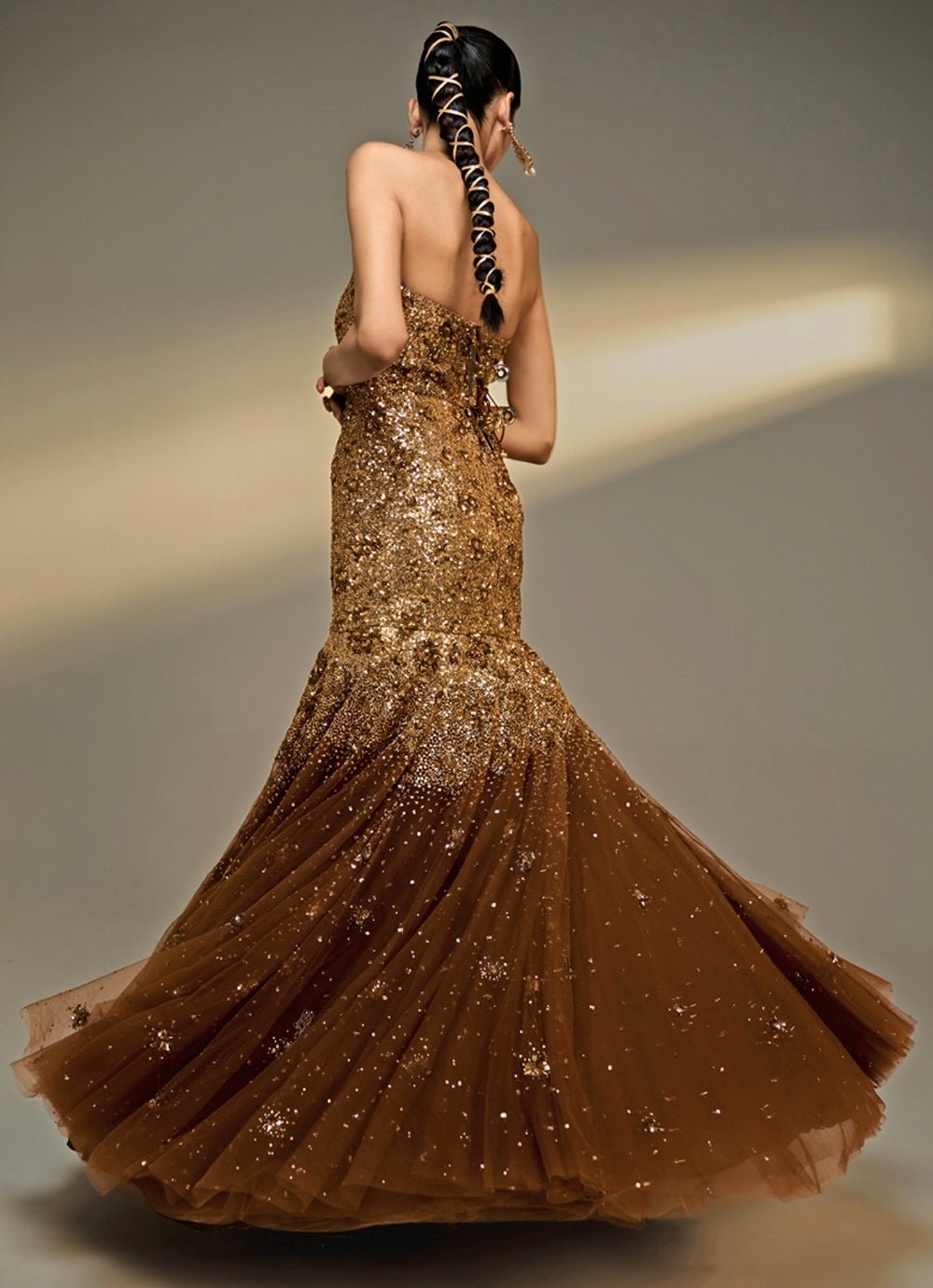 Copper Gold Sequined Soft Net Gown Prevasu - Fabilicious Fashion