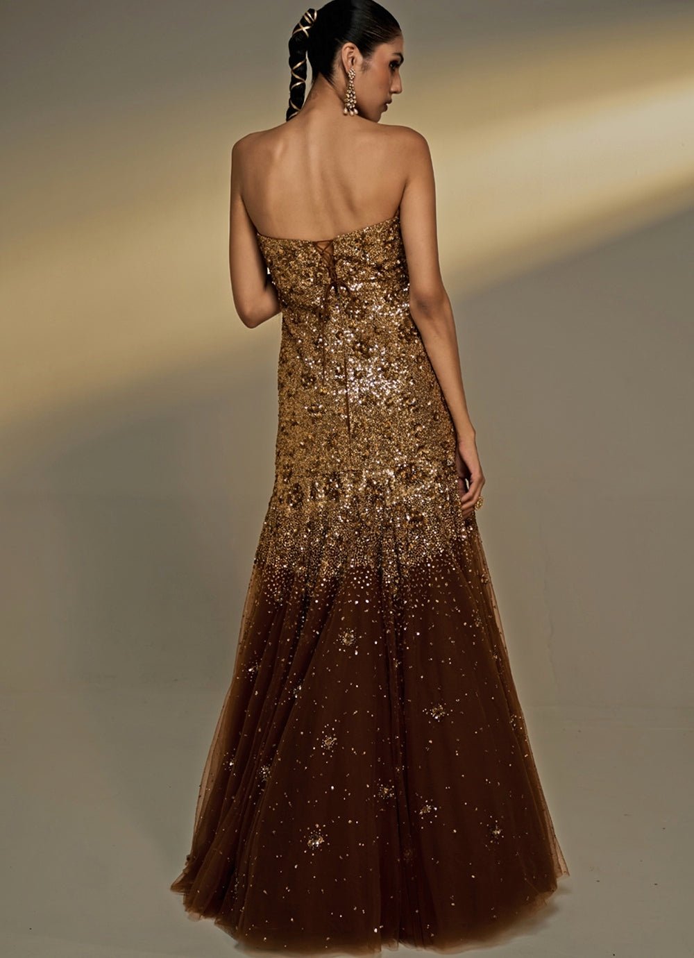 Copper Gold Sequined Soft Net Gown Prevasu - Fabilicious Fashion