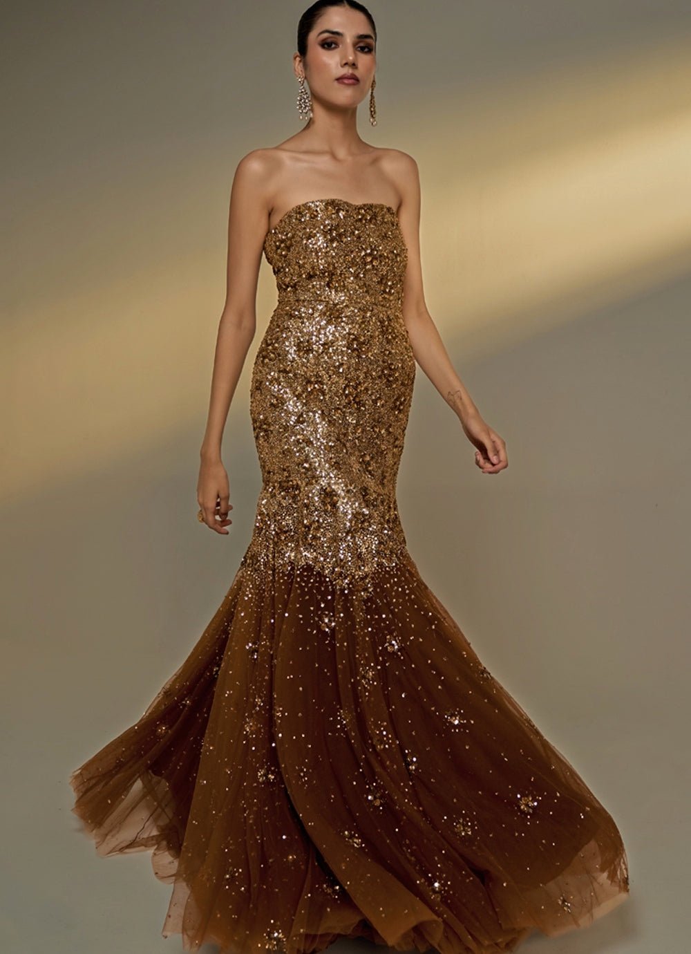 Copper Gold Sequined Soft Net Gown Prevasu - Fabilicious Fashion