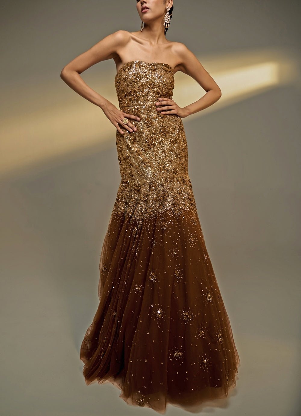 Copper Gold Sequined Soft Net Gown Prevasu - Fabilicious Fashion