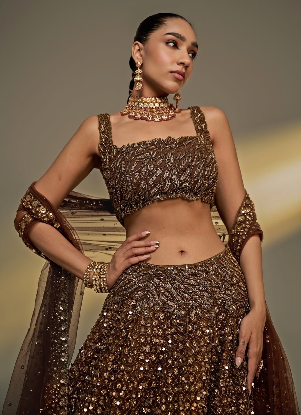 Copper Gold Sequinned Lehenga Set Prevasu - Fabilicious Fashion