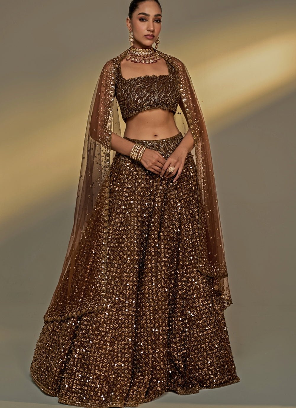 Copper Gold Sequinned Lehenga Set Prevasu - Fabilicious Fashion