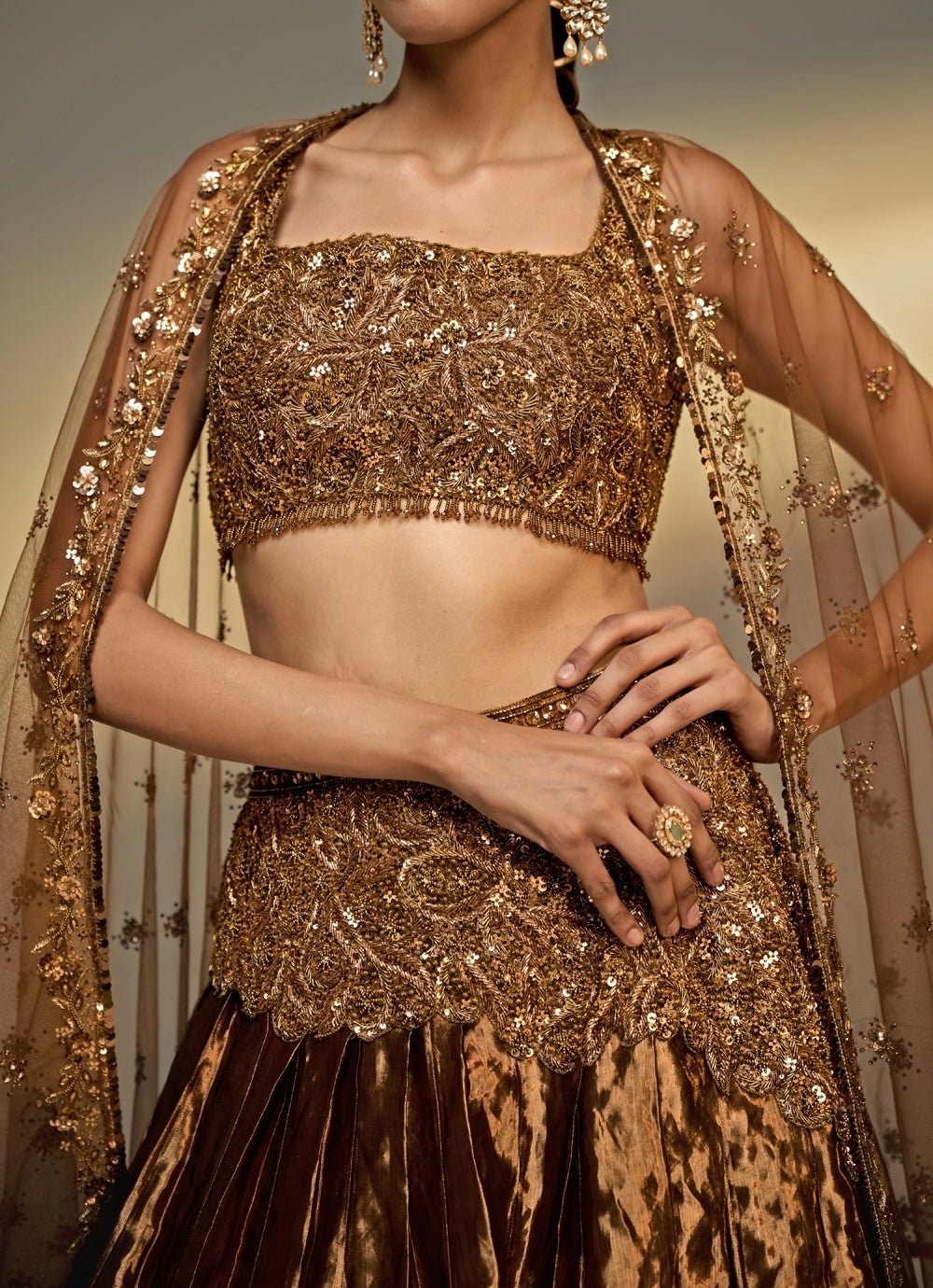 Copper Gold Tissue Lehenga Set Prevasu - Fabilicious Fashion