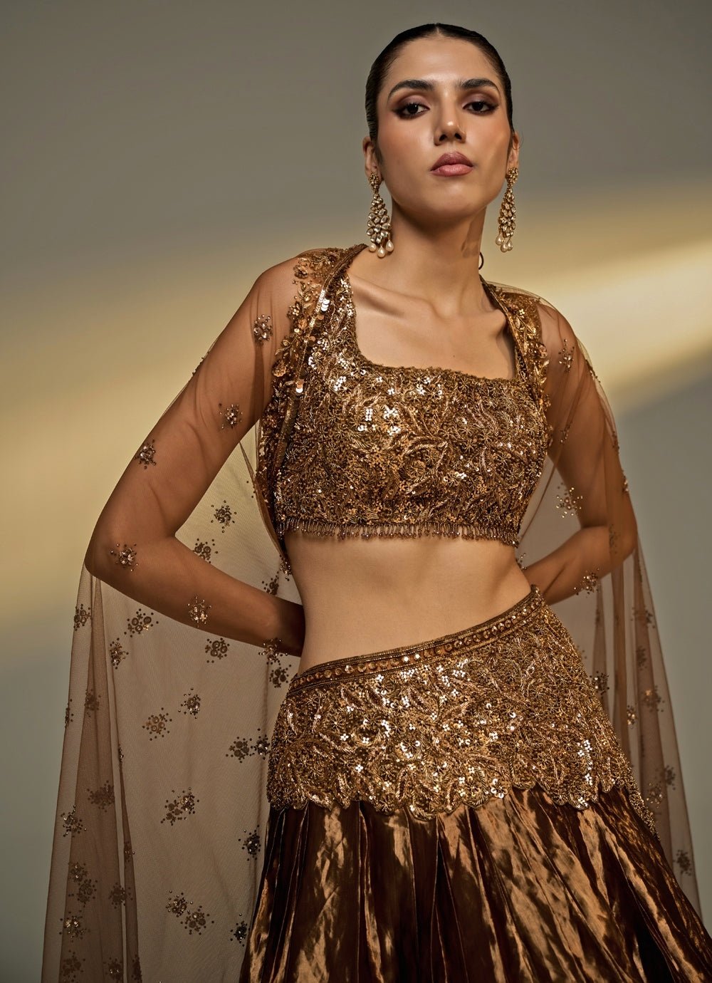 Copper Gold Tissue Lehenga Set Prevasu - Fabilicious Fashion
