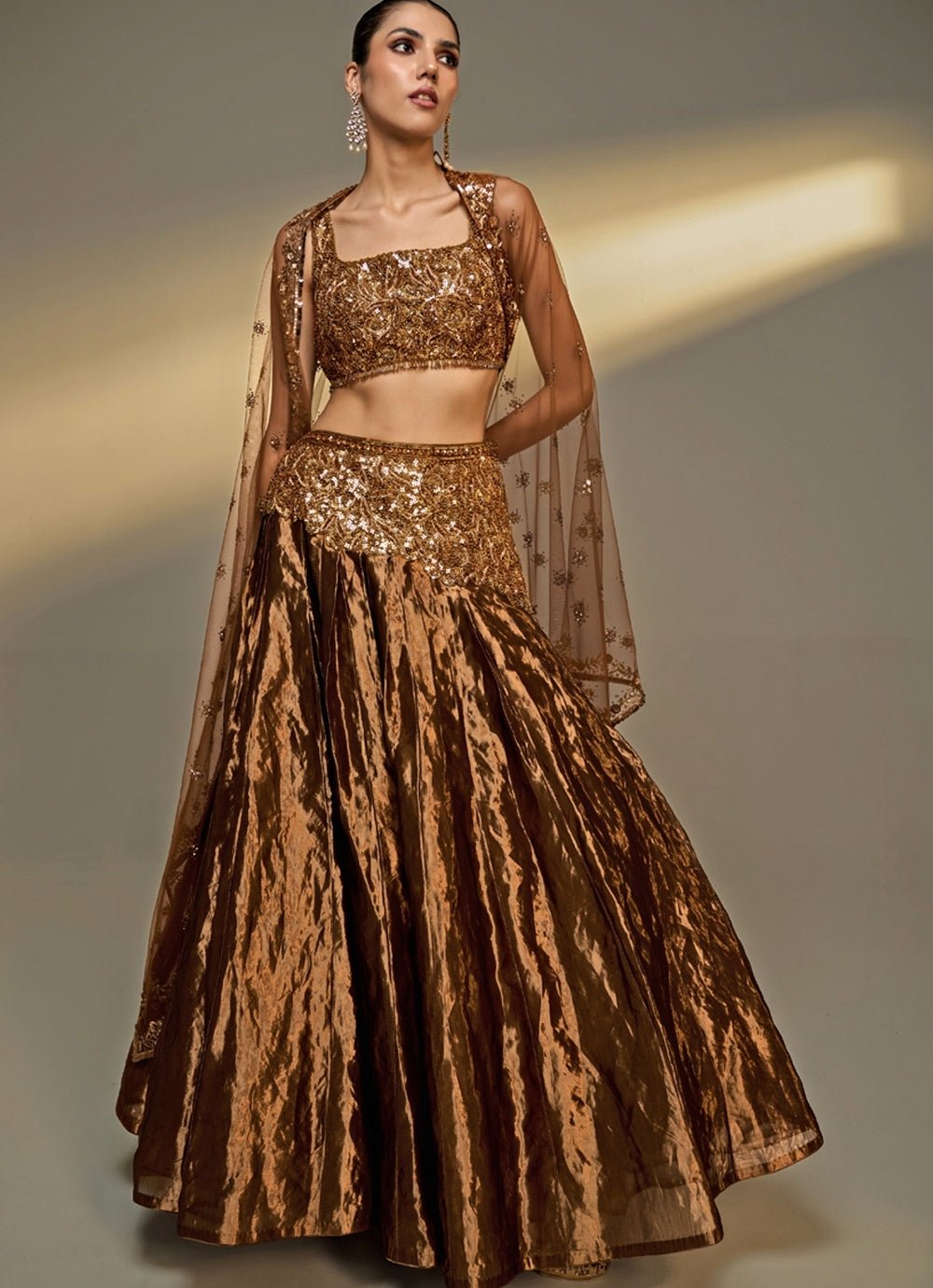 Copper Gold Tissue Lehenga Set Prevasu - Fabilicious Fashion