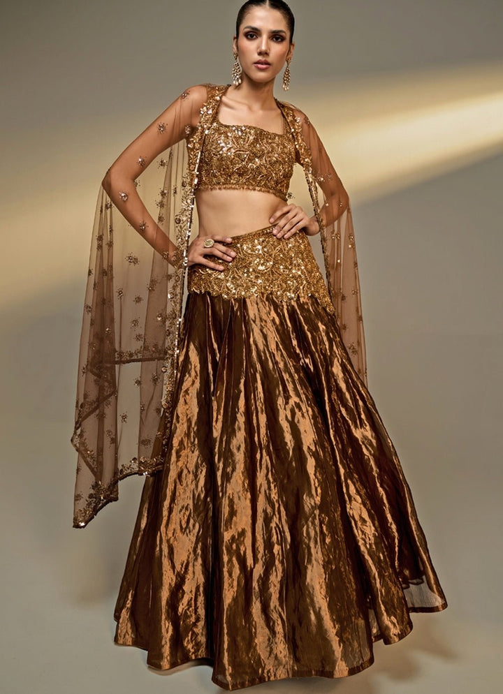 Copper Gold Tissue Lehenga Set Prevasu - Fabilicious Fashion