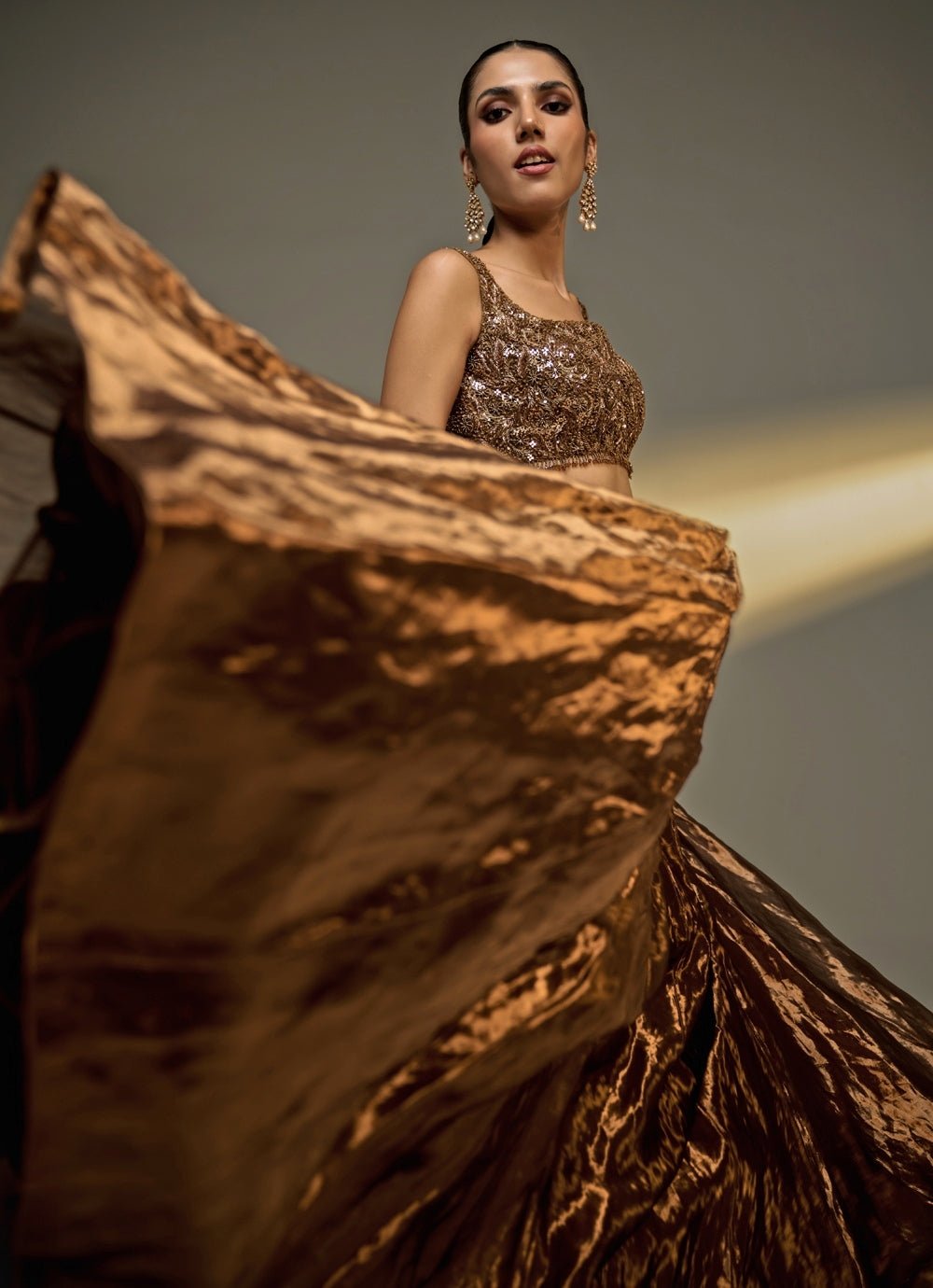 Copper Gold Tissue Lehenga Set Prevasu - Fabilicious Fashion