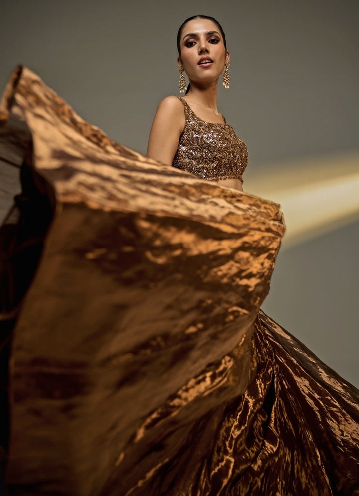 Copper Gold Tissue Lehenga Set Prevasu - Fabilicious Fashion