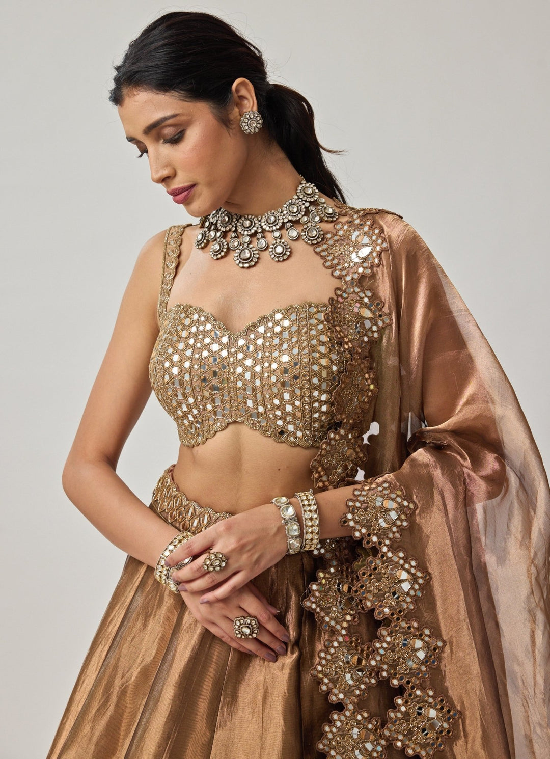 Copper Mirror Geometry Organza Lehenga Set Vvani by Vani Vats - Fabilicious Fashion