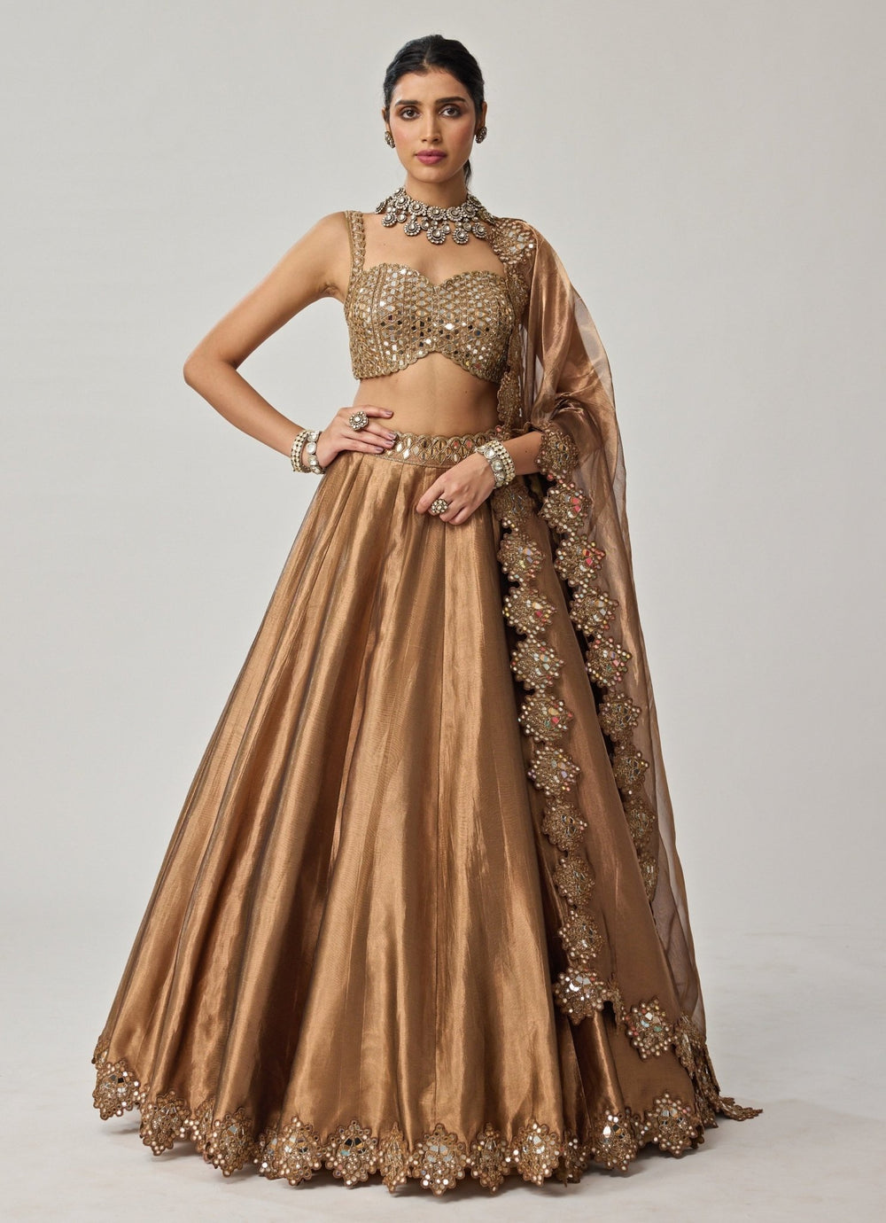 Copper Mirror Geometry Organza Lehenga Set Vvani by Vani Vats - Fabilicious Fashion
