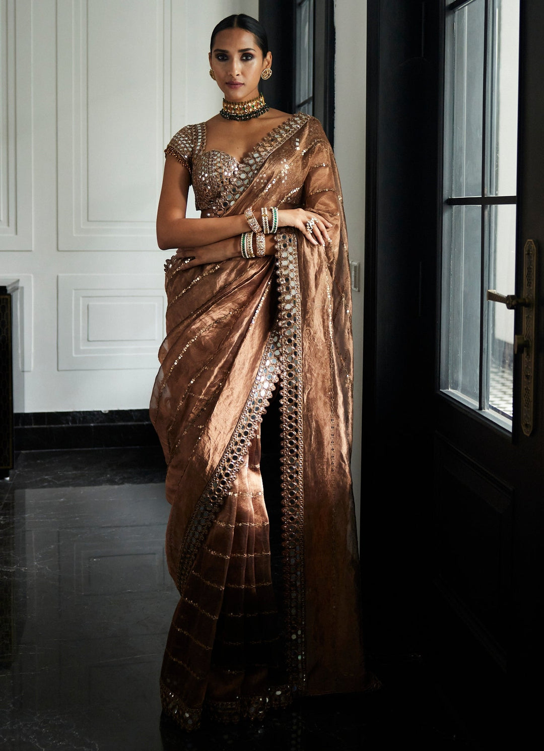 Copper Mirror Organza Saree With Cap Sleeves Embroidered Mirror Blouse Vvani By Vani Vats - Fabilicious Fashion