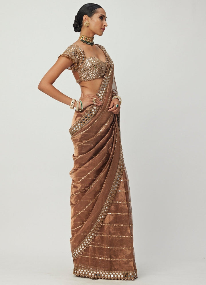 Copper Mirror Organza Saree With Cap Sleeves Embroidered Mirror Blouse Vvani By Vani Vats - Fabilicious Fashion