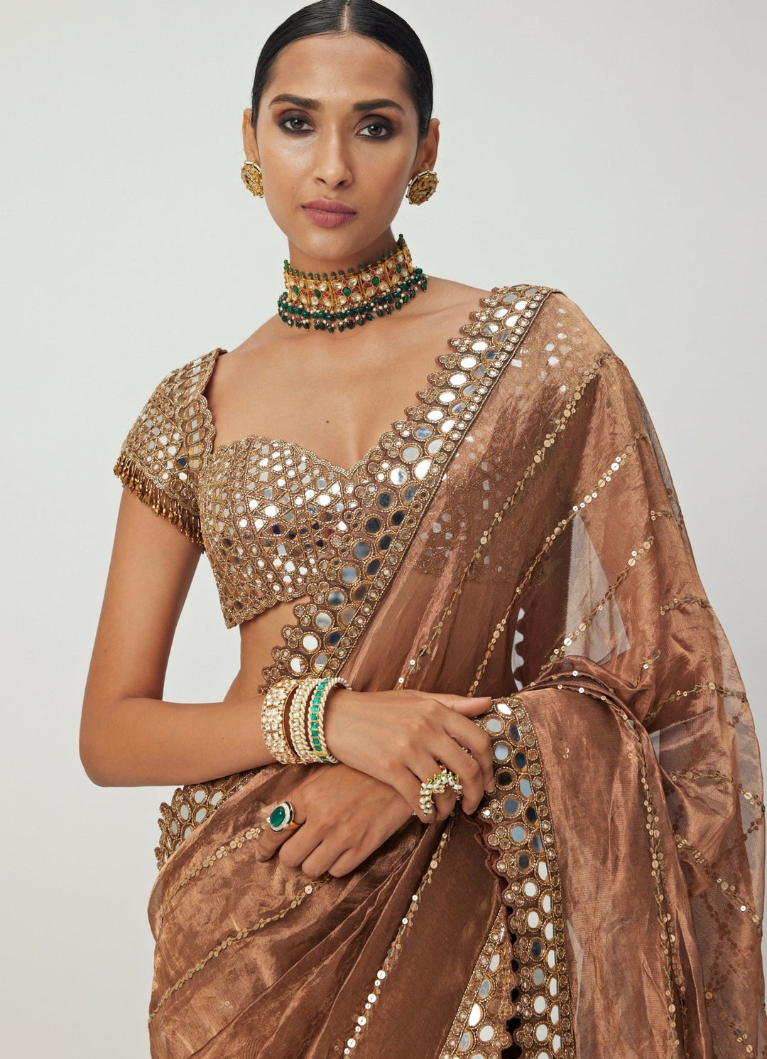 Copper Mirror Organza Saree With Cap Sleeves Embroidered Mirror Blouse Vvani By Vani Vats - Fabilicious Fashion
