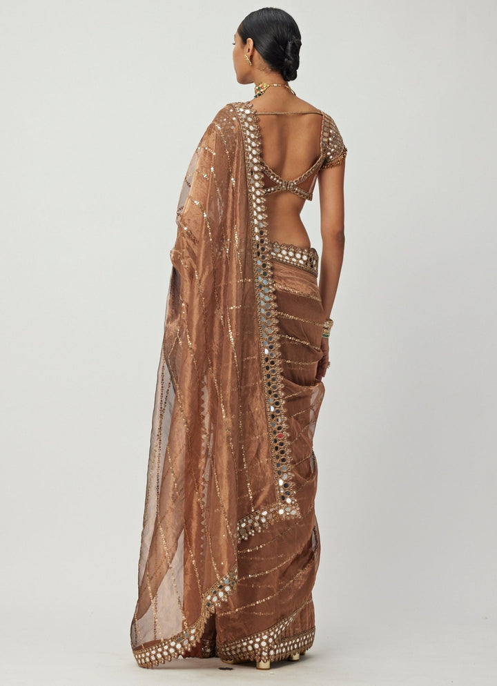 Copper Mirror Organza Saree With Cap Sleeves Embroidered Mirror Blouse Vvani By Vani Vats - Fabilicious Fashion