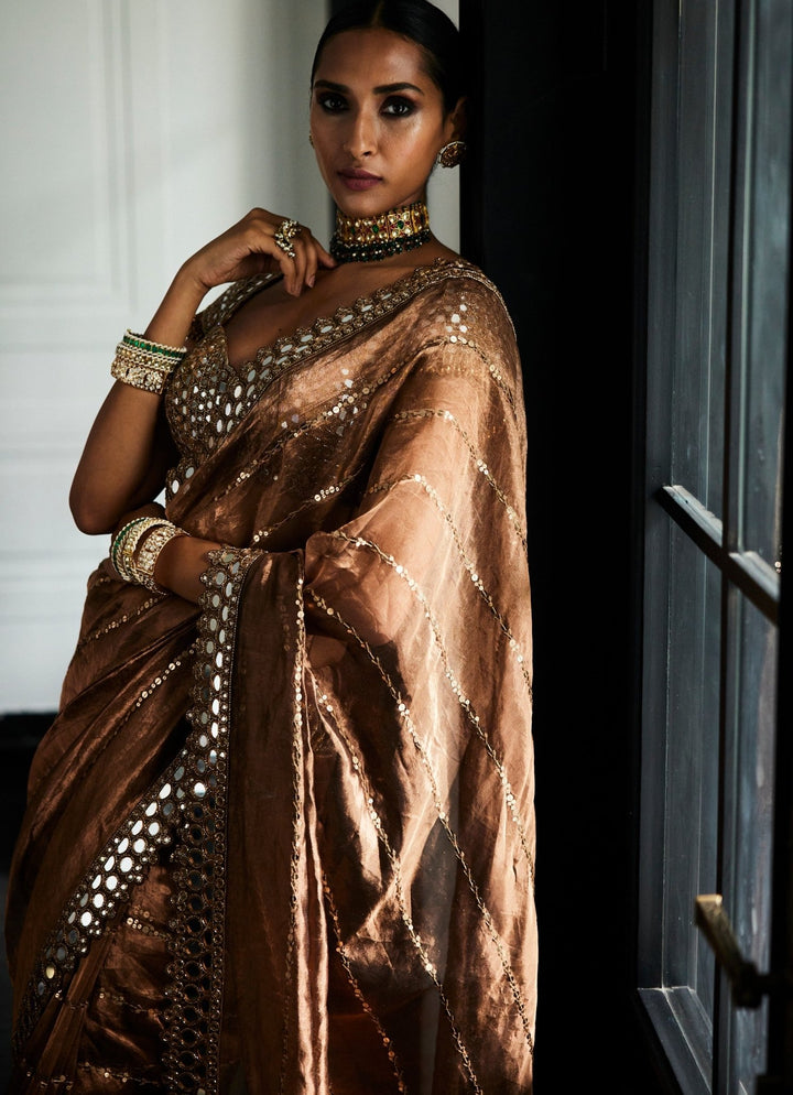 Copper Mirror Organza Saree With Cap Sleeves Embroidered Mirror Blouse Vvani By Vani Vats - Fabilicious Fashion