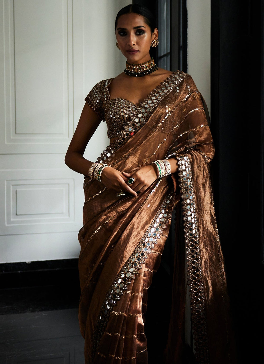 Copper Mirror Organza Saree With Cap Sleeves Embroidered Mirror Blouse Vvani By Vani Vats - Fabilicious Fashion
