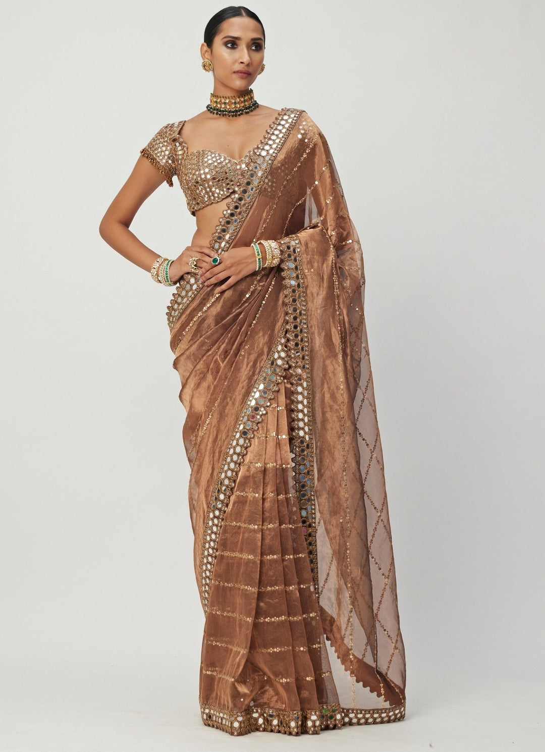 Copper Mirror Organza Saree With Cap Sleeves Embroidered Mirror Blouse Vvani By Vani Vats - Fabilicious Fashion