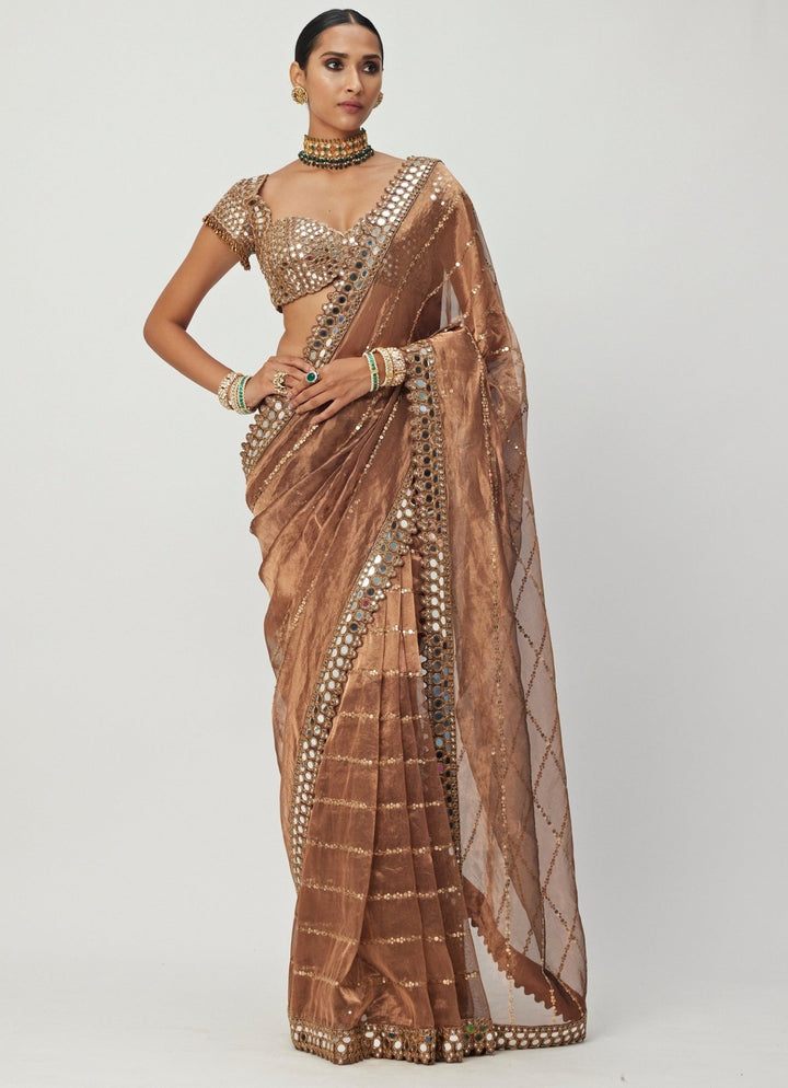 Copper Mirror Organza Saree With Cap Sleeves Embroidered Mirror Blouse Vvani By Vani Vats - Fabilicious Fashion