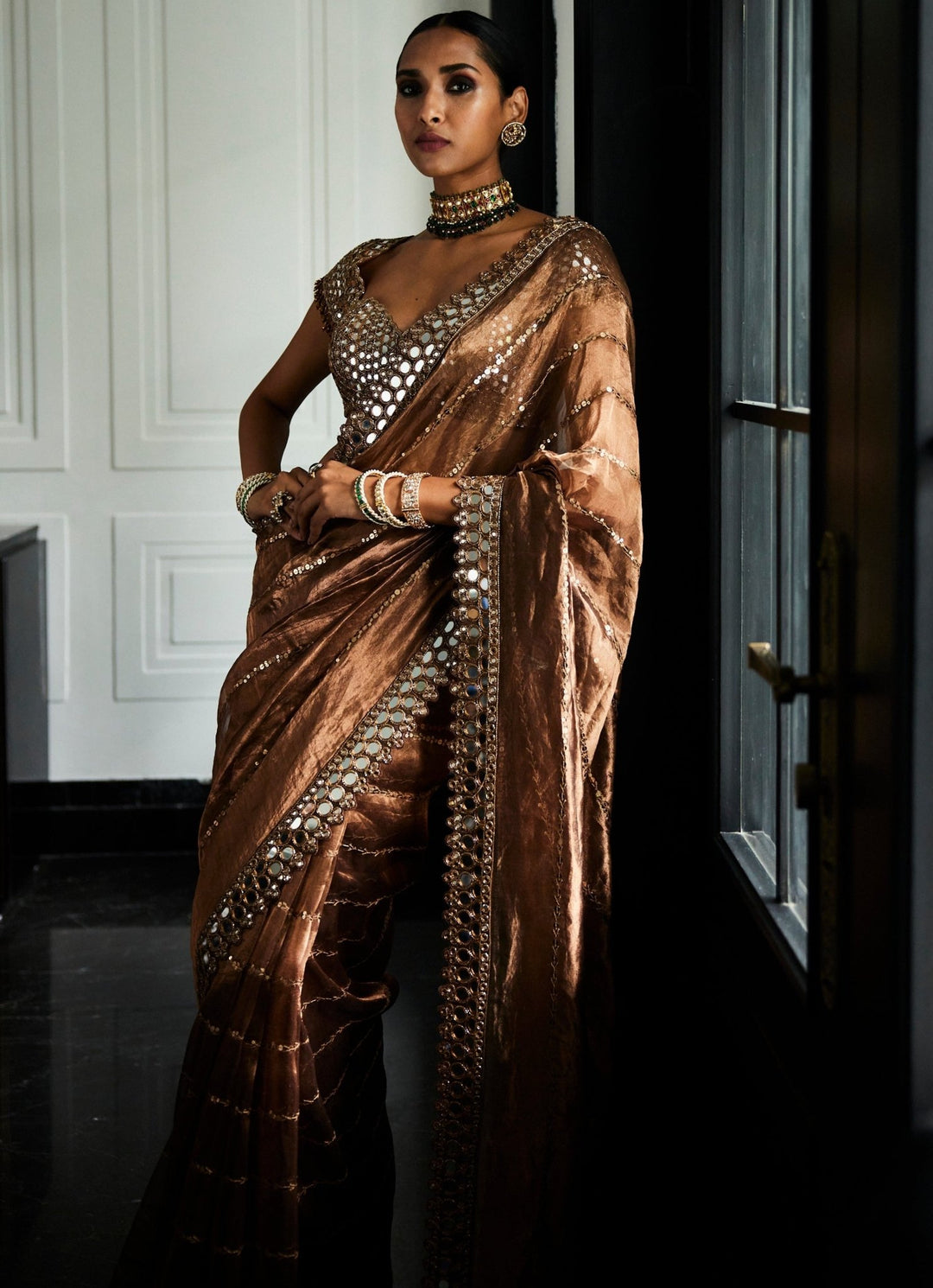 Copper Mirror Organza Saree With Cap Sleeves Embroidered Mirror Blouse Vvani By Vani Vats - Fabilicious Fashion