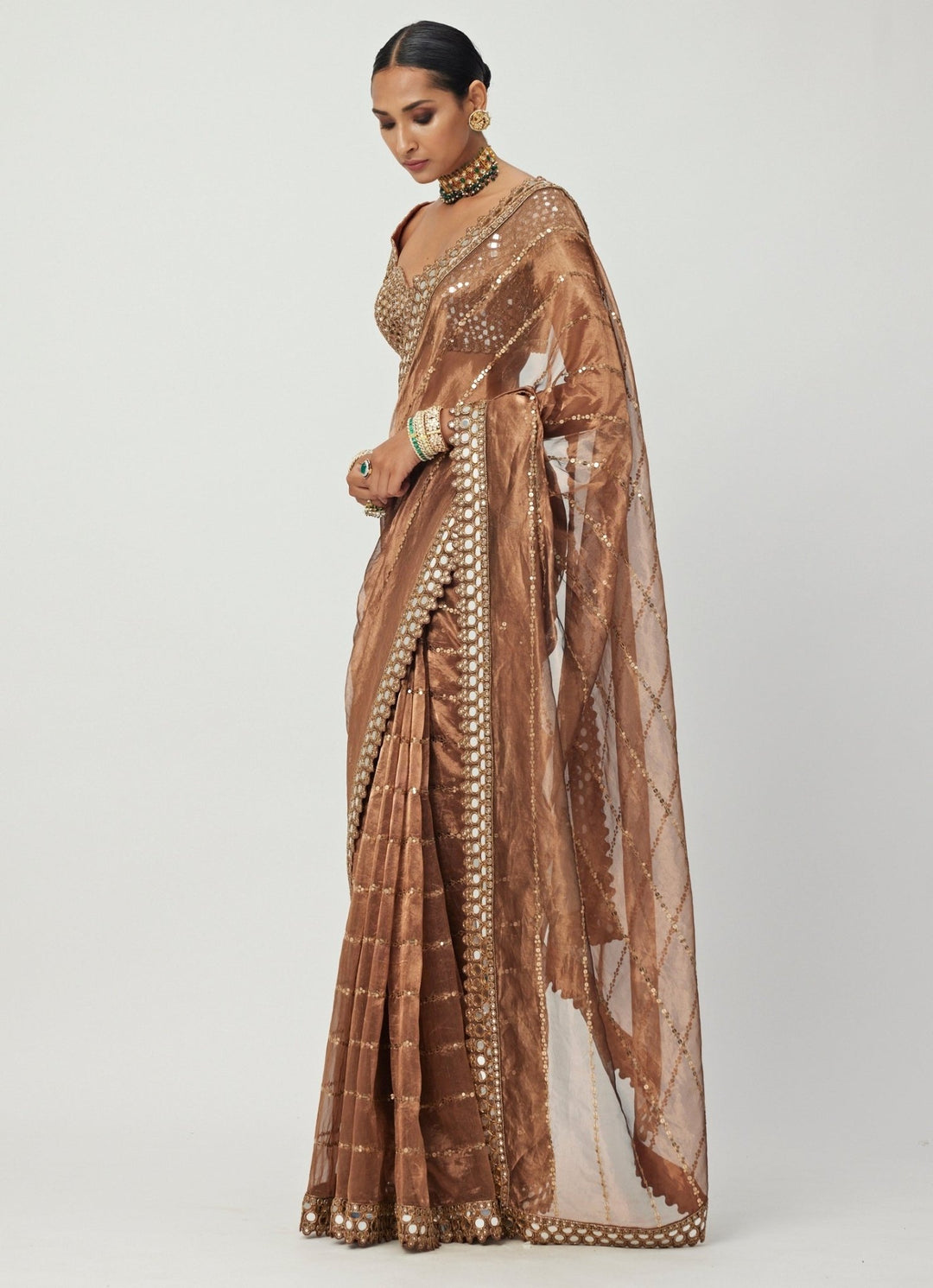 Copper Mirror Organza Saree With Cap Sleeves Embroidered Mirror Blouse Vvani By Vani Vats - Fabilicious Fashion