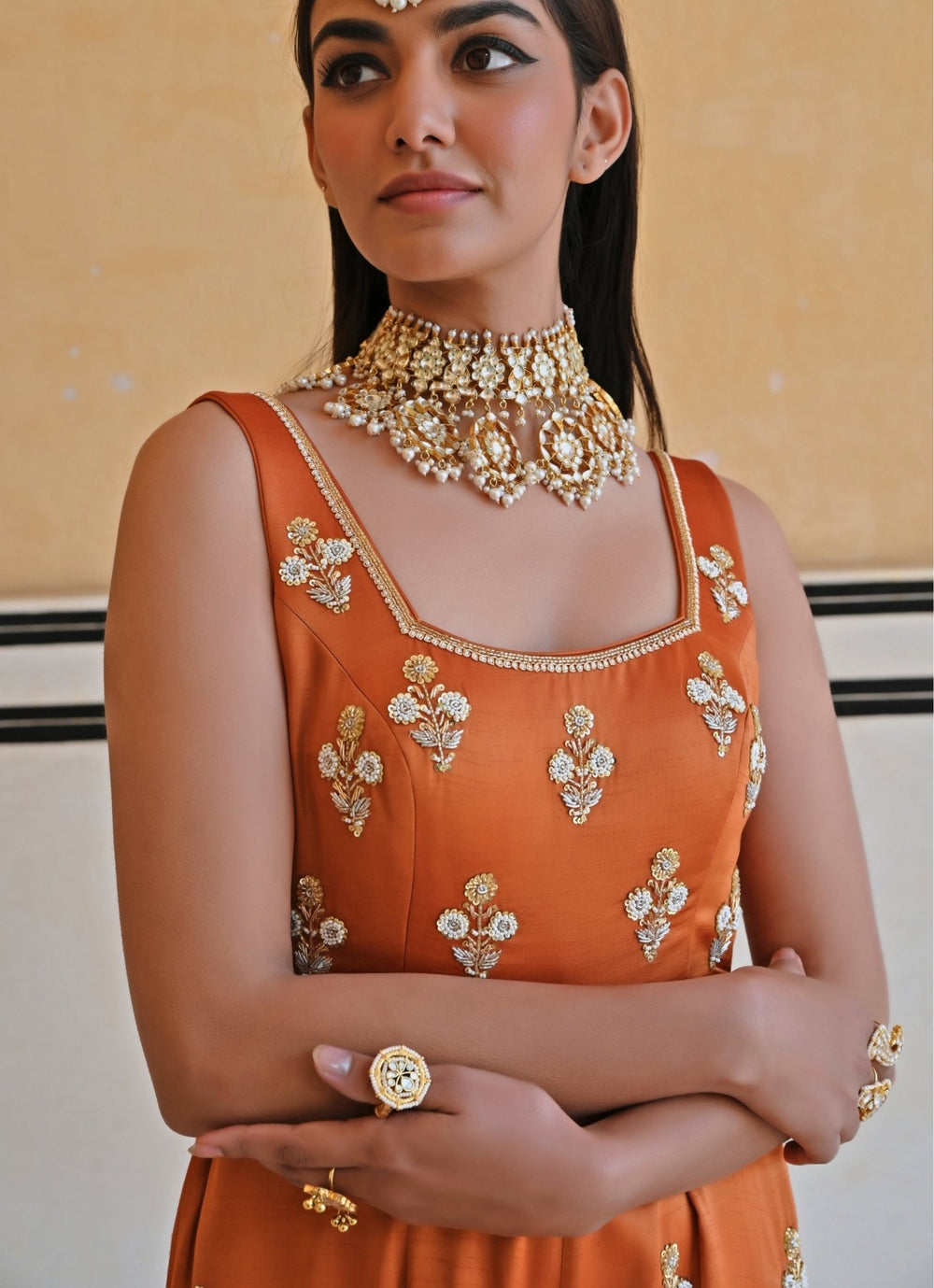 Copper Satin Floral Embroidered Jumpsuit Ease - Fabilicious Fashion