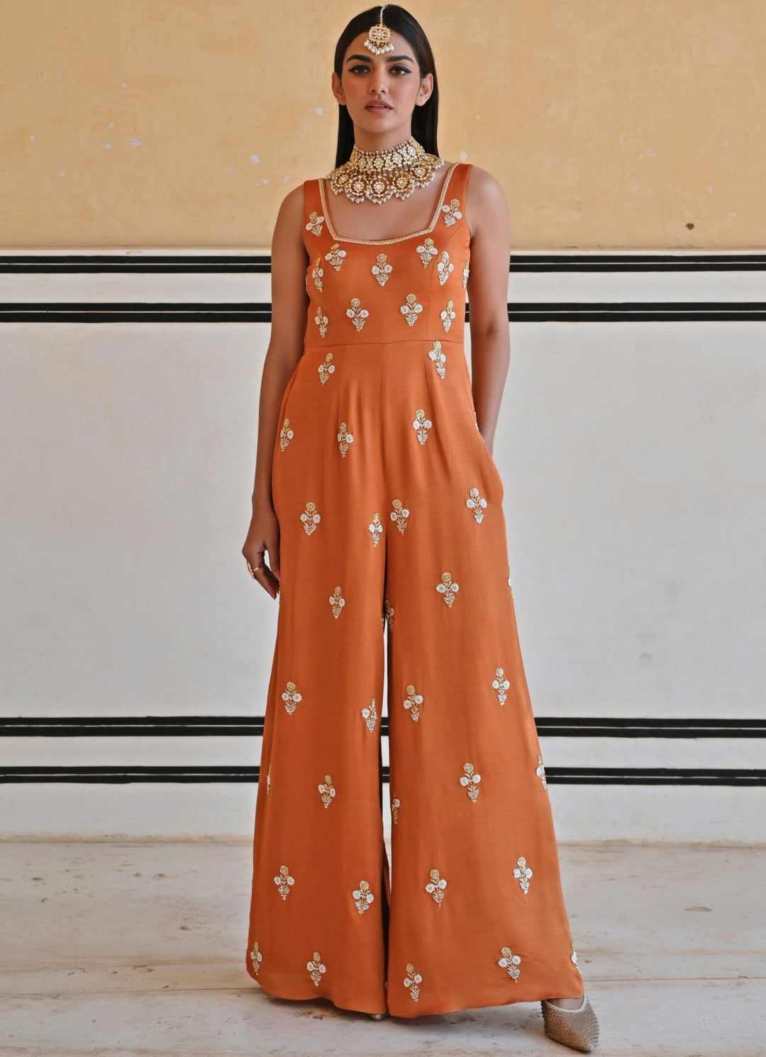 Copper Satin Floral Embroidered Jumpsuit Ease - Fabilicious Fashion