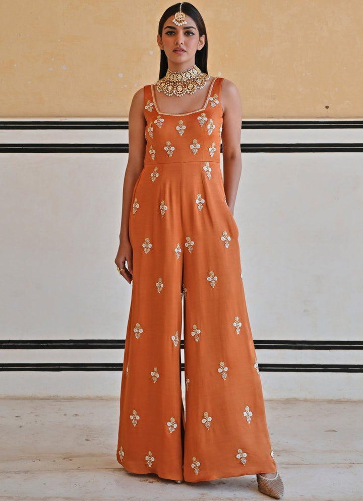 Copper Satin Floral Embroidered Jumpsuit Ease - Fabilicious Fashion