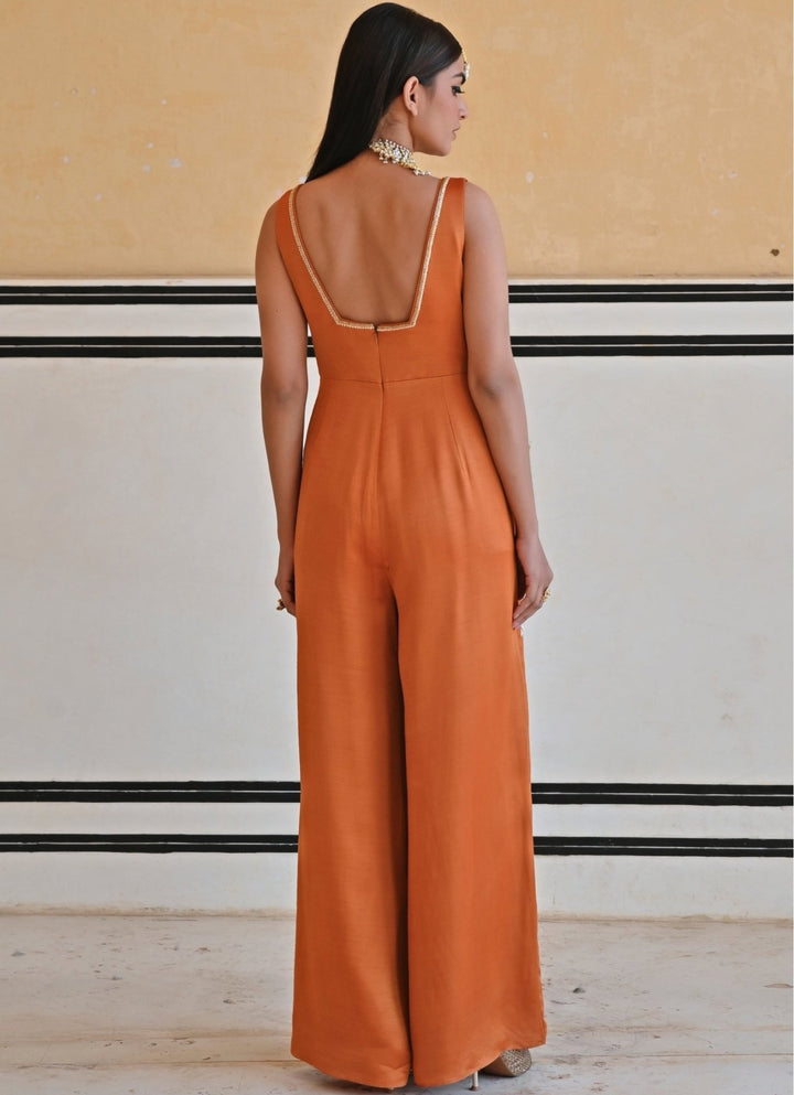 Copper Satin Floral Embroidered Jumpsuit Ease - Fabilicious Fashion