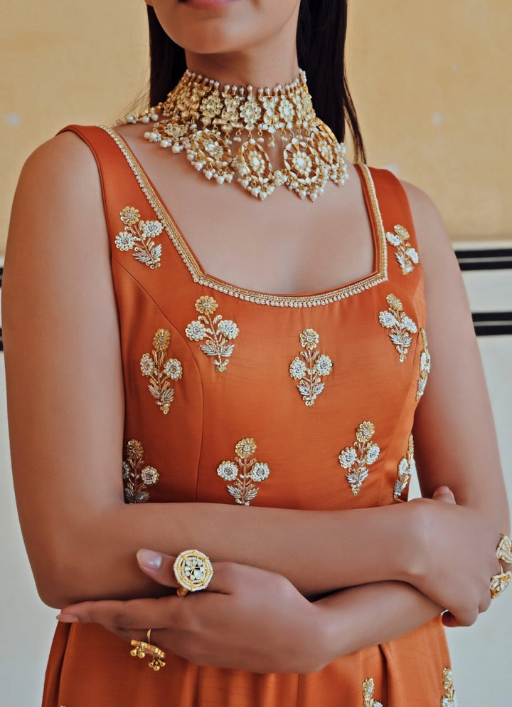 Copper Satin Floral Embroidered Jumpsuit Ease - Fabilicious Fashion