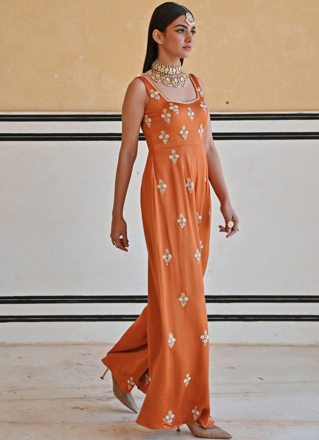 Copper Satin Floral Embroidered Jumpsuit Ease - Fabilicious Fashion