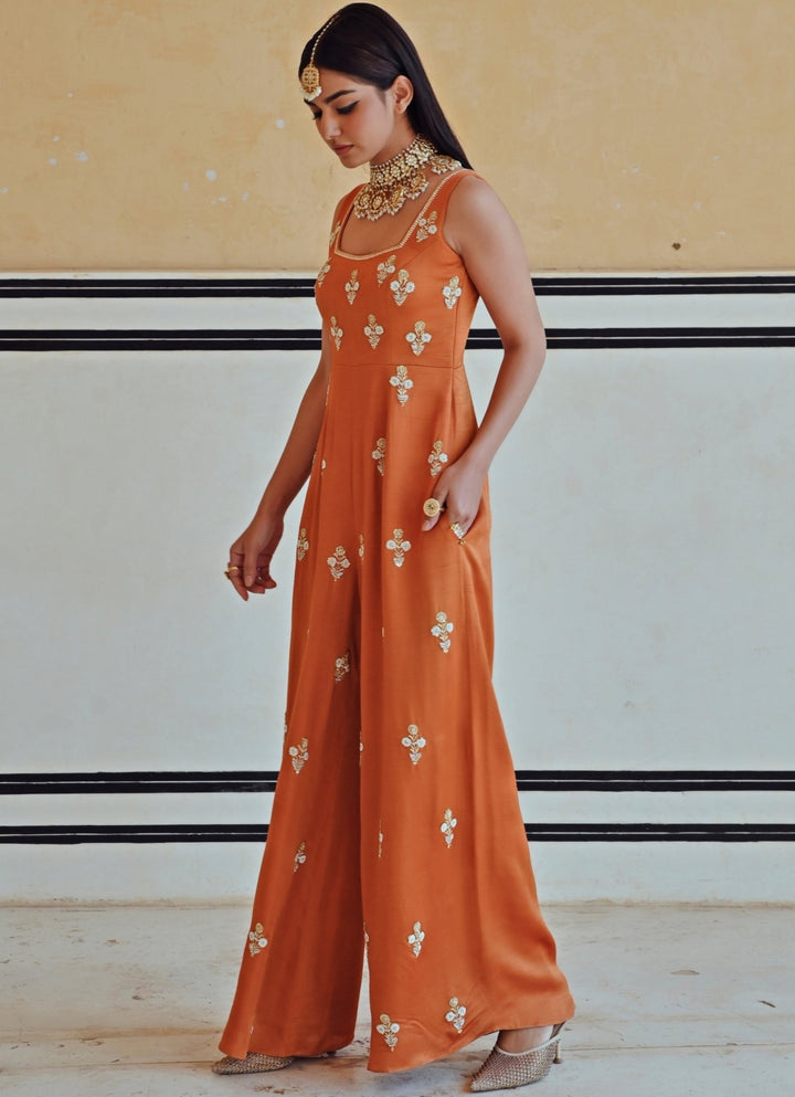 Copper Satin Floral Embroidered Jumpsuit Ease - Fabilicious Fashion