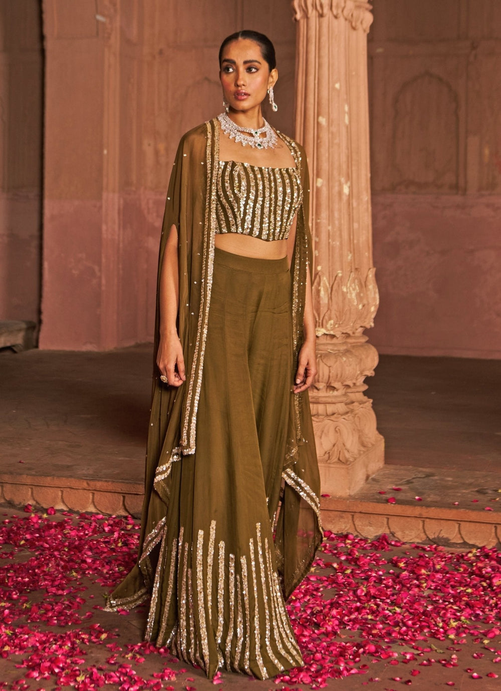 Copper Sequin Embroidered Corset Sharara Set With Cape Nidhika Shekhar - Fabilicious Fashion