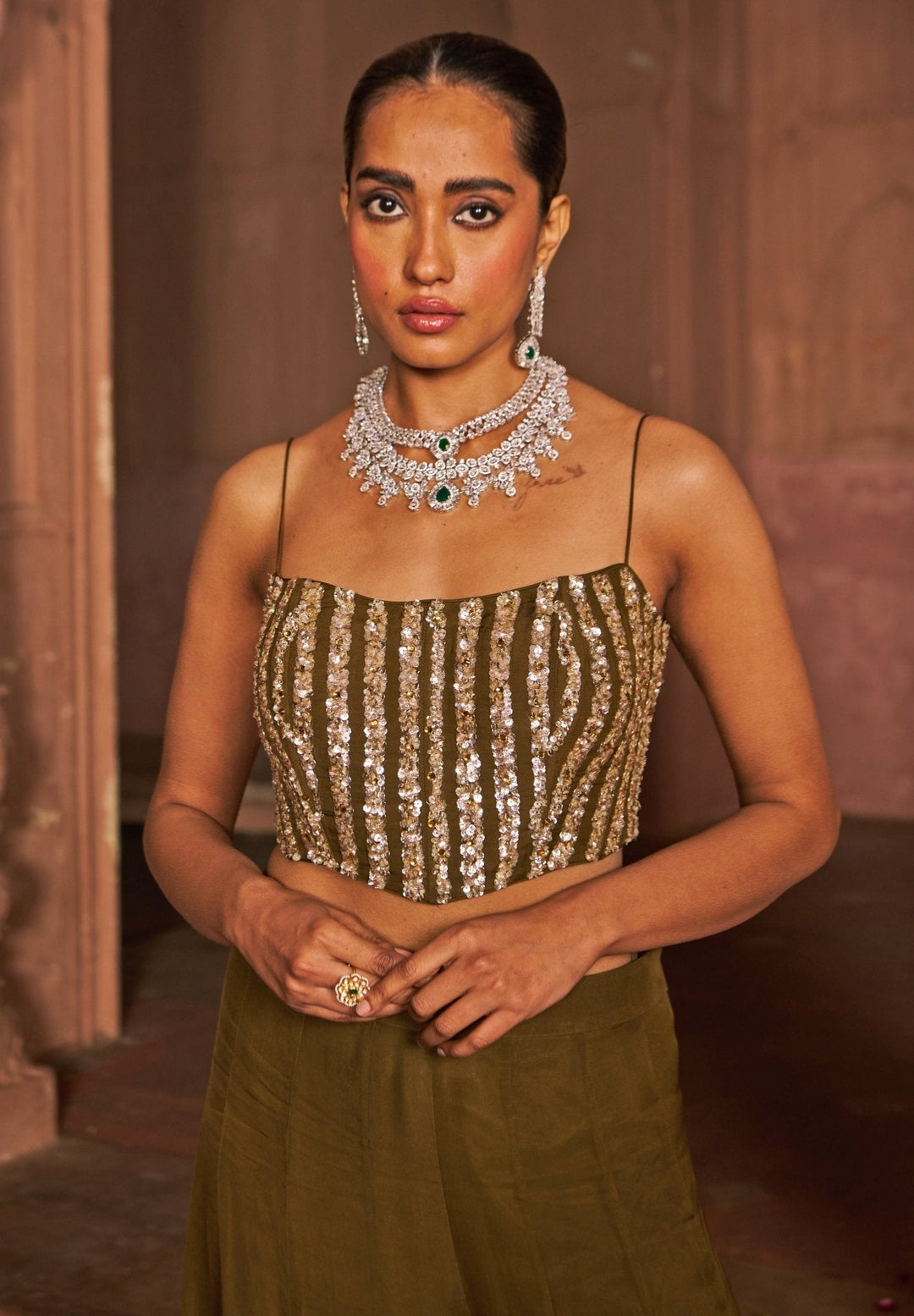Copper Sequin Embroidered Corset Sharara Set With Cape Nidhika Shekhar - Fabilicious Fashion