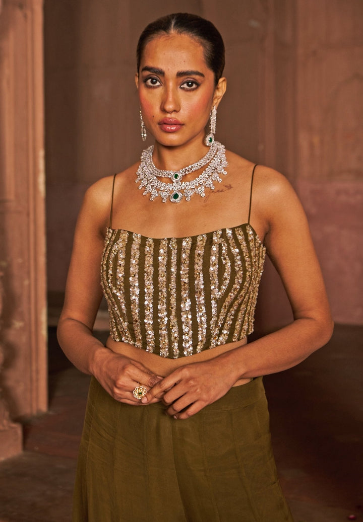 Copper Sequin Embroidered Corset Sharara Set With Cape Nidhika Shekhar - Fabilicious Fashion