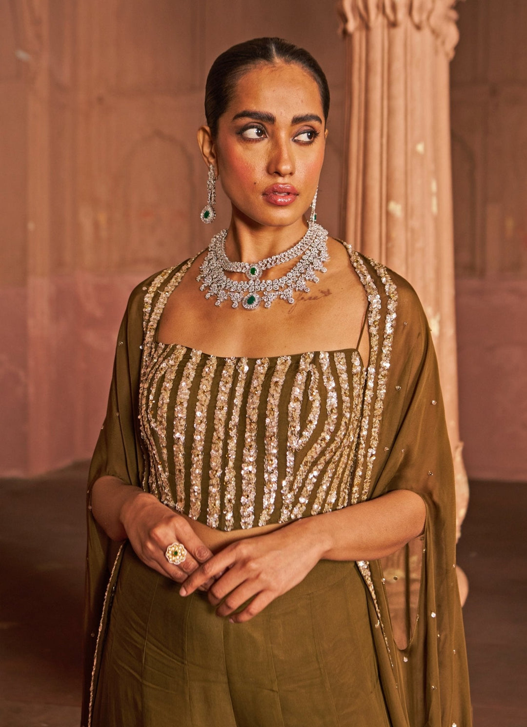 Copper Sequin Embroidered Corset Sharara Set With Cape Nidhika Shekhar - Fabilicious Fashion