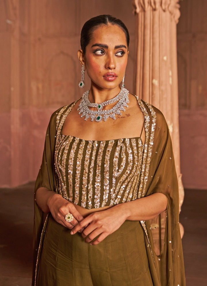 Copper Sequin Embroidered Corset Sharara Set With Cape Nidhika Shekhar - Fabilicious Fashion