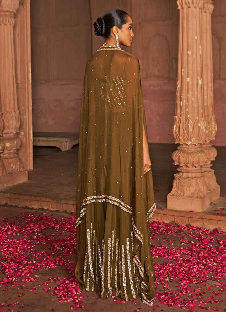 Copper Sequin Embroidered Corset Sharara Set With Cape Nidhika Shekhar - Fabilicious Fashion